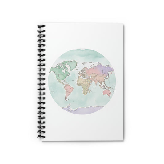 World Map Spiral Notebook — Pastel Watercolor Travel Journal (Ruled)