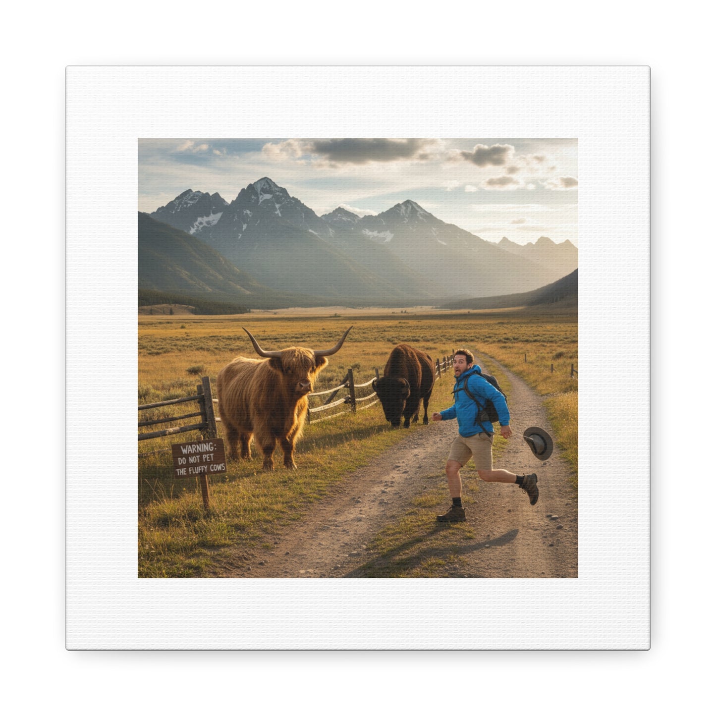 Chased by a Buffalo Canvas | wholesome sarcasm print, soft humor wall art