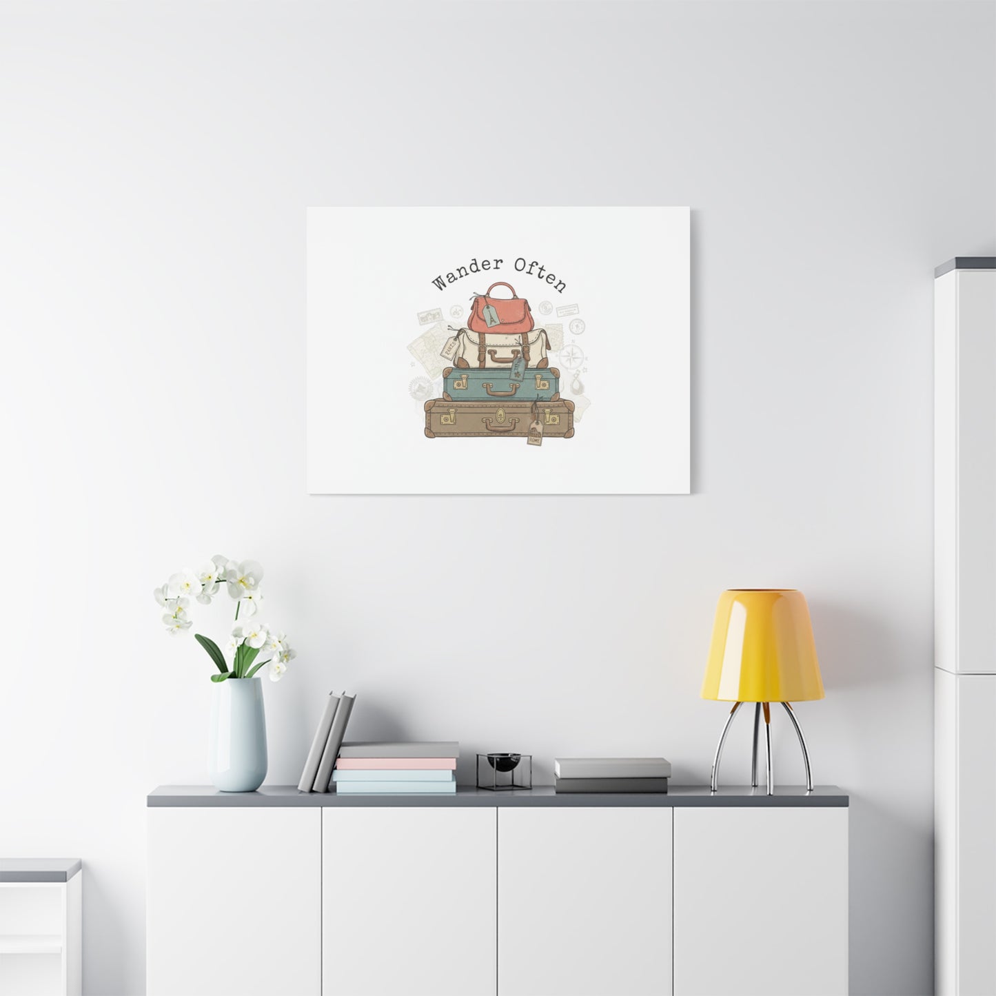 Wander Often Vintage Luggage Stack Canvas, travel stamps | passport stamp wanderlust