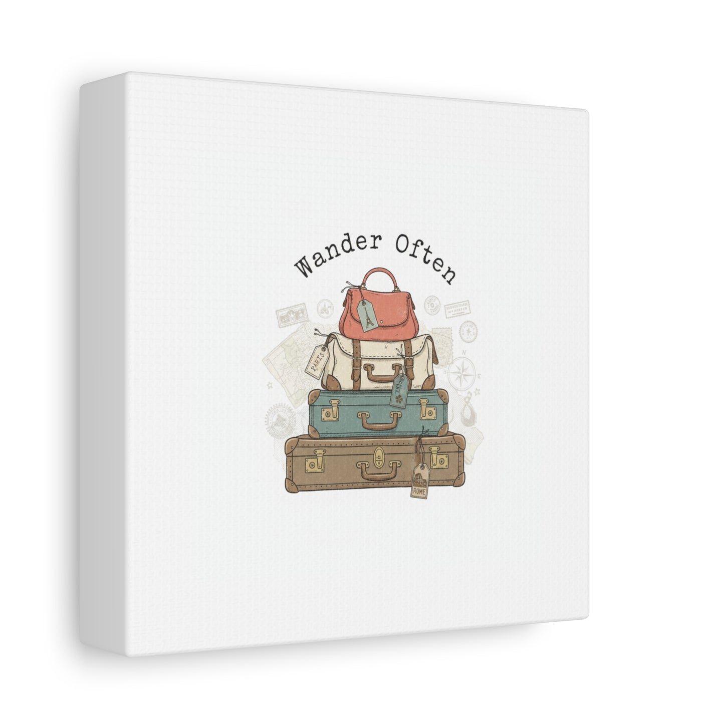 Wander Often Vintage Luggage Stack Canvas, travel stamps | passport stamp wanderlust