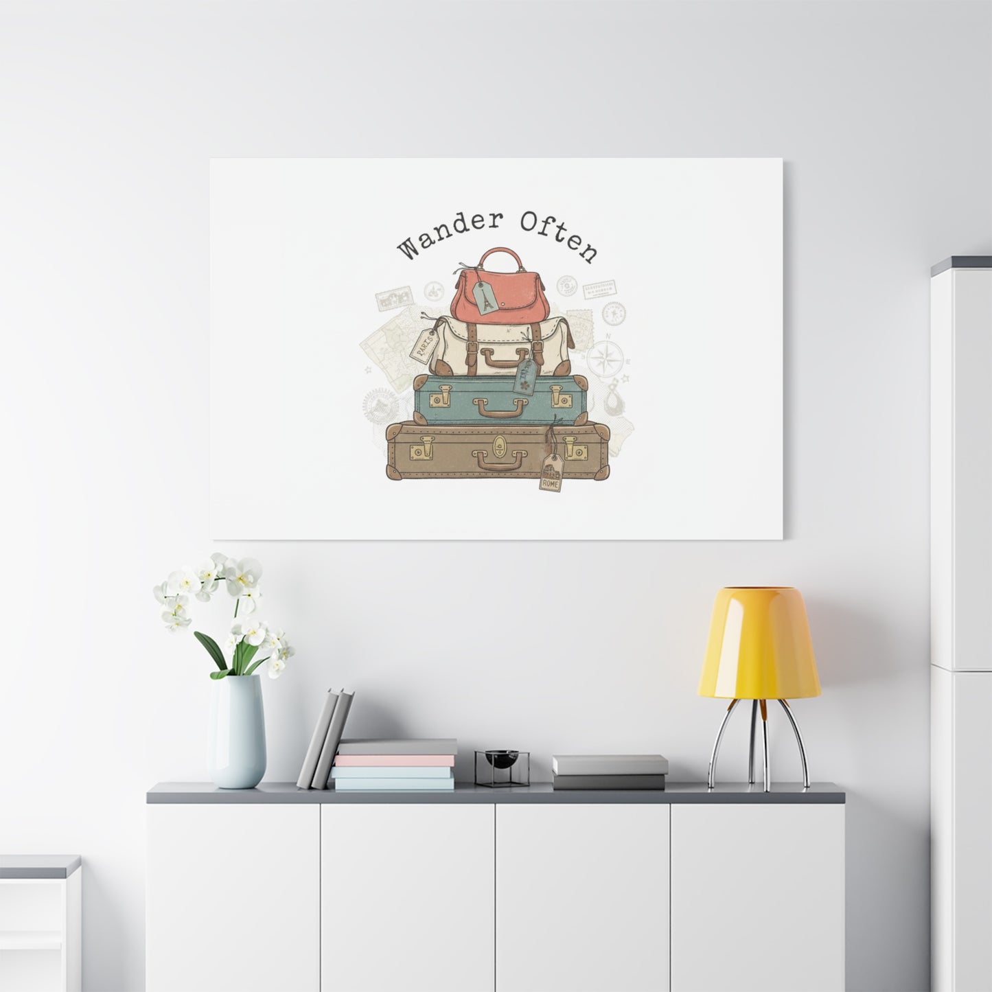 Wander Often Vintage Luggage Stack Canvas, travel stamps | passport stamp wanderlust