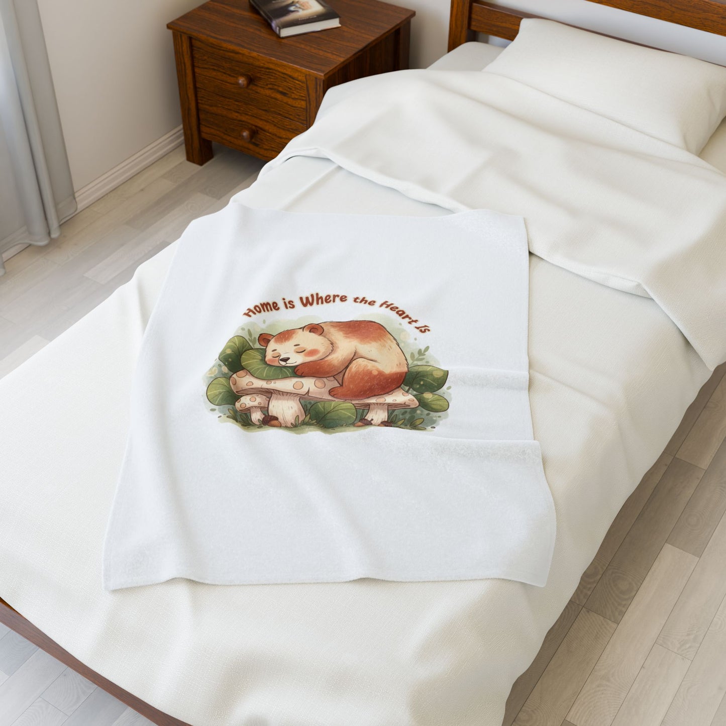 Cozy Sleeping Bear Illustration Velveteen Blanket | cute animal illustration, winter forest art