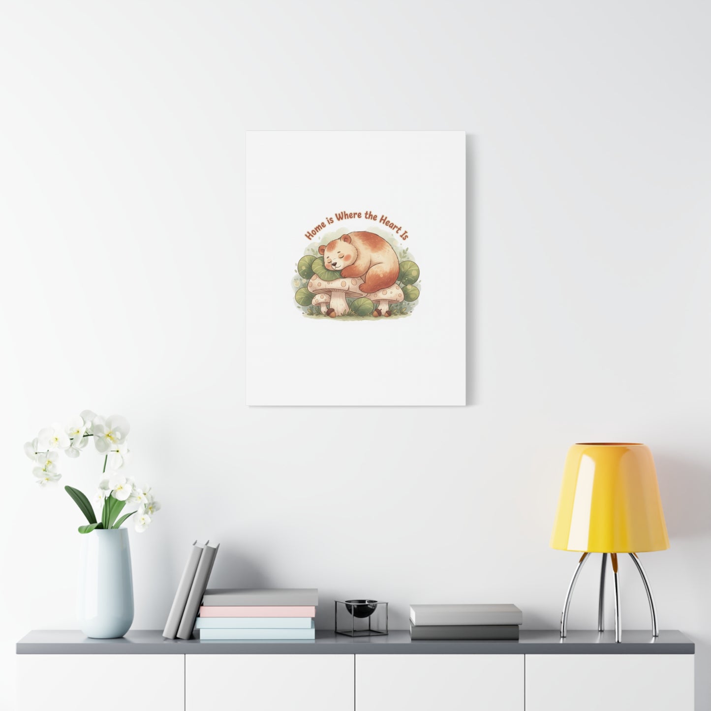 Cozy Sleeping Bear Canvas, winter forest art | cute animal illustration