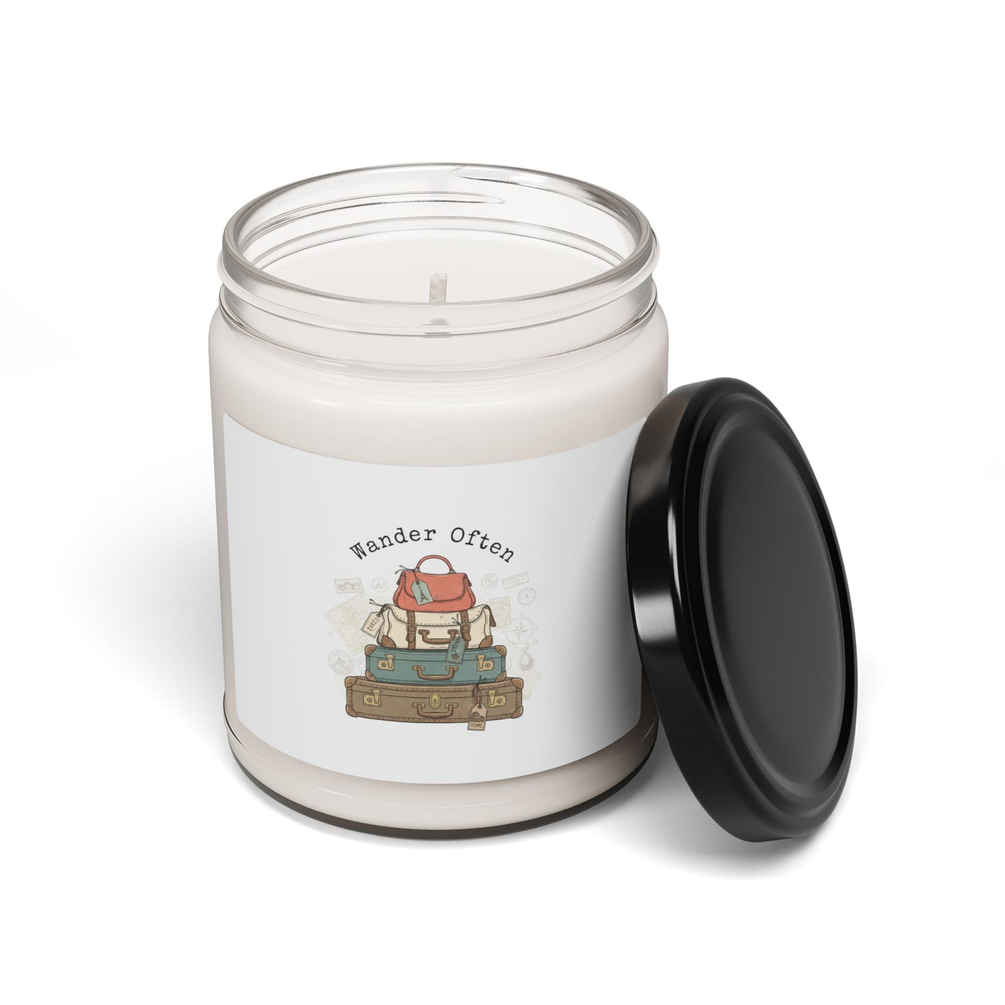 Wander Often Postcard Candle | Soy Candle, Retro Travel Stamp Vibes