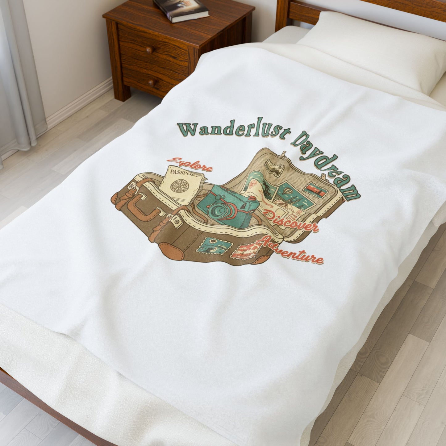 Wanderlust Daydream suitcase design Velveteen Blanket | retro travel, passport stamp vibes