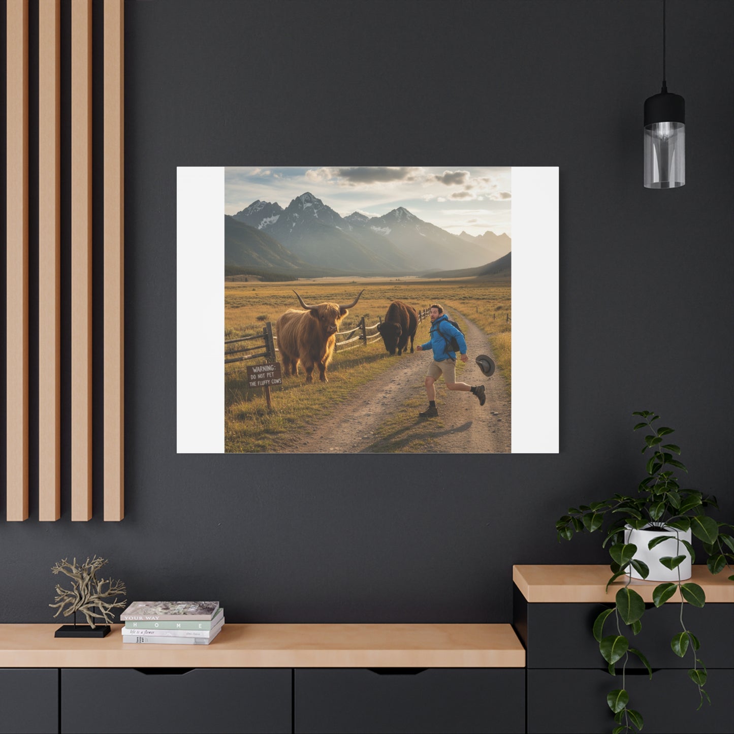 Chased by a Buffalo Canvas | wholesome sarcasm print, soft humor wall art