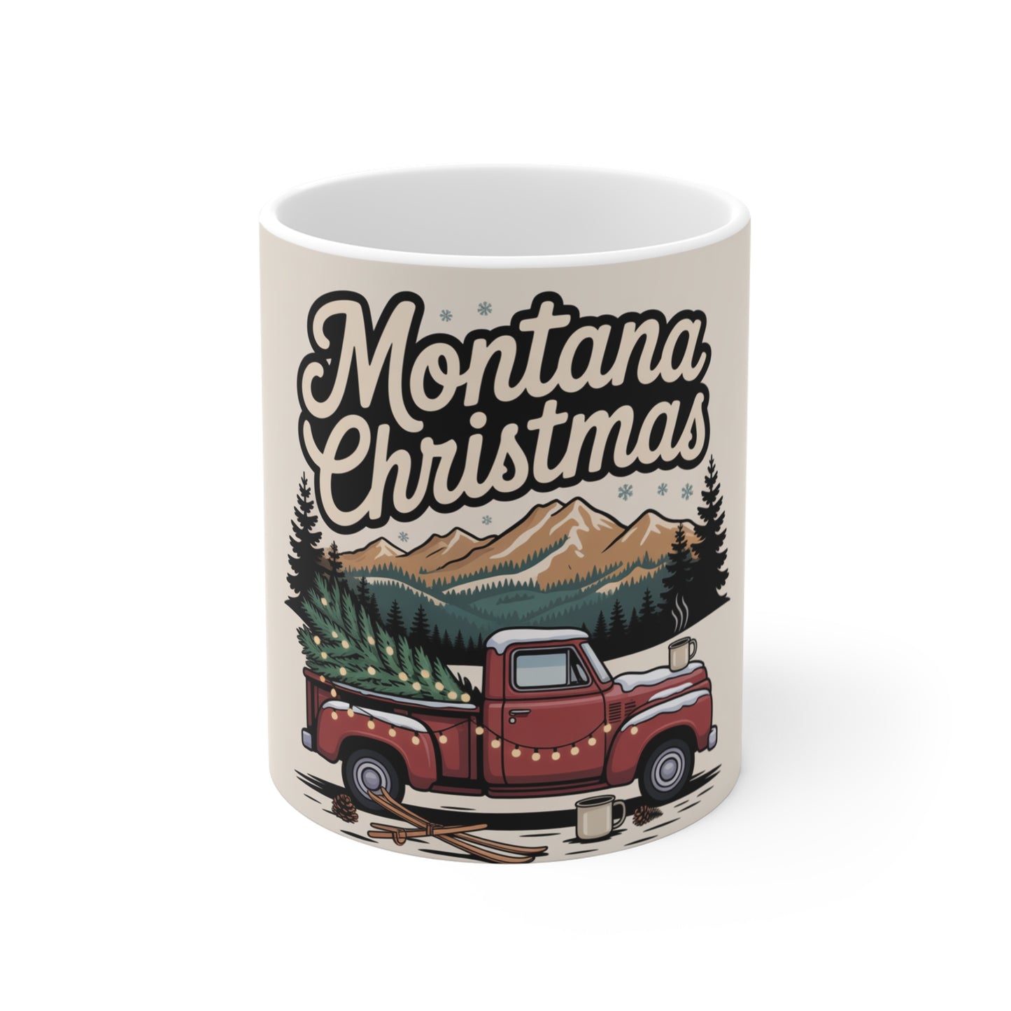 Montana Christmas Mug - Vintage Red Truck with Tree & Mountain Holiday Coffee Cup