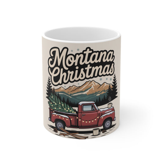 Montana Christmas Mug - Vintage Red Truck with Tree & Mountain Holiday Coffee Cup