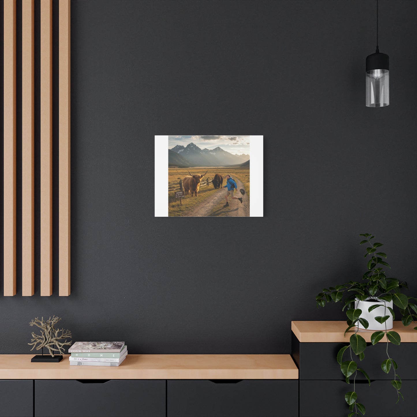 Chased by a Buffalo Canvas | wholesome sarcasm print, soft humor wall art