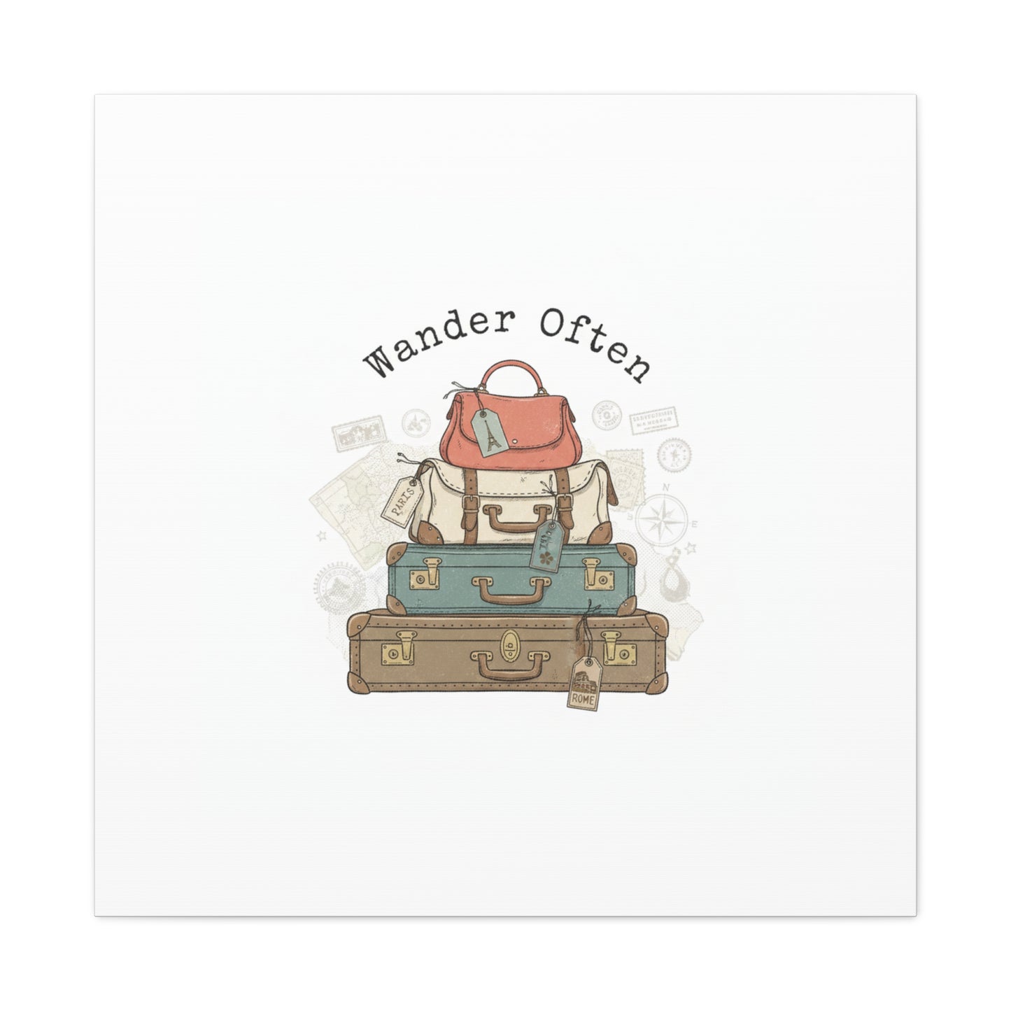 Wander Often Vintage Luggage Stack Canvas, travel stamps | passport stamp wanderlust