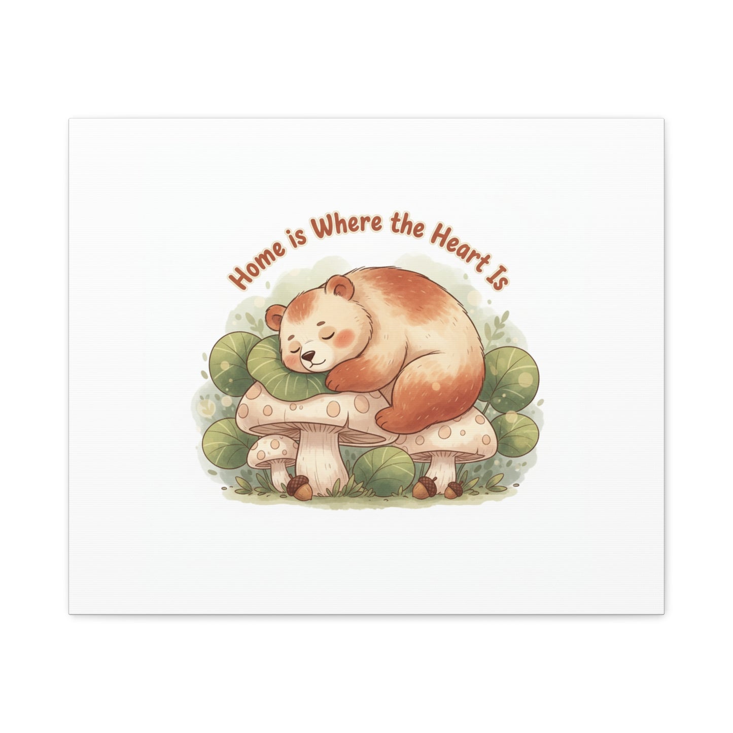 Cozy Sleeping Bear Canvas, winter forest art | cute animal illustration