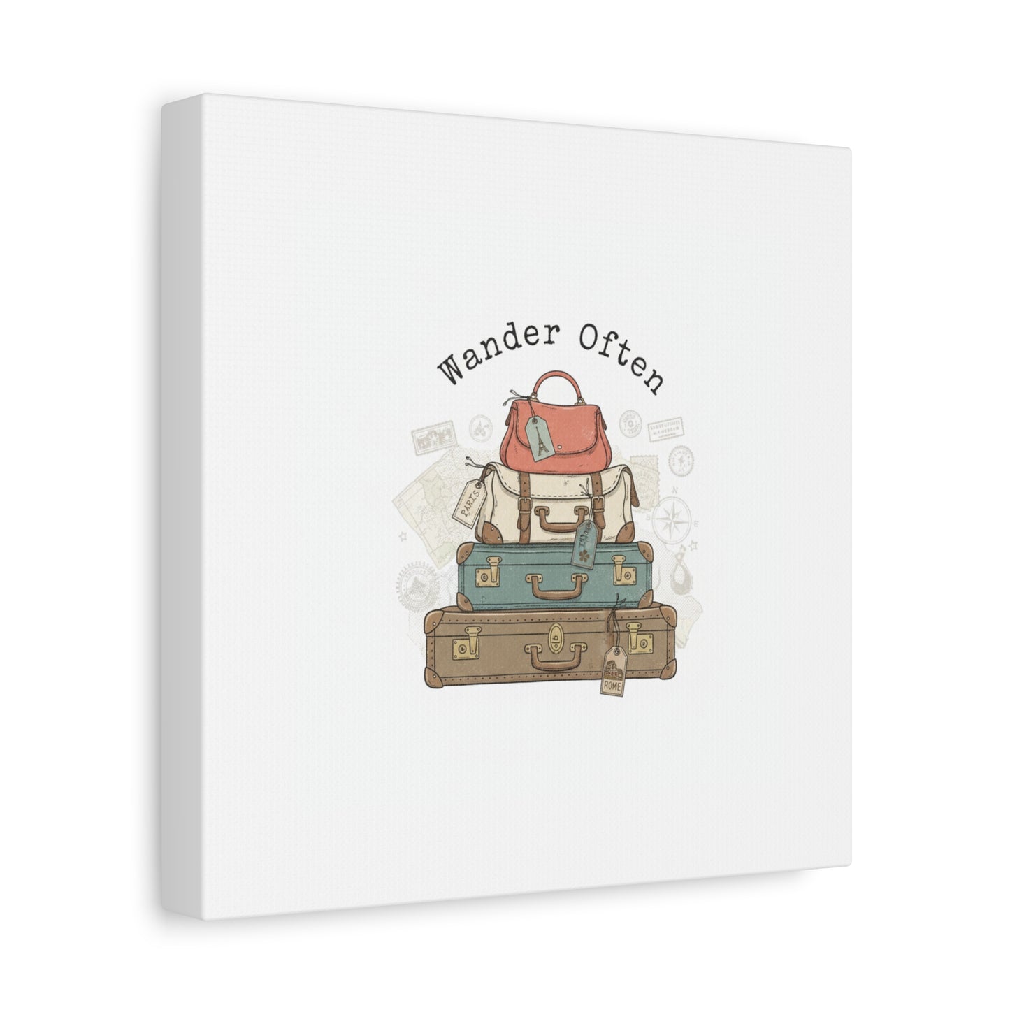Wander Often Vintage Luggage Stack Canvas, travel stamps | passport stamp wanderlust