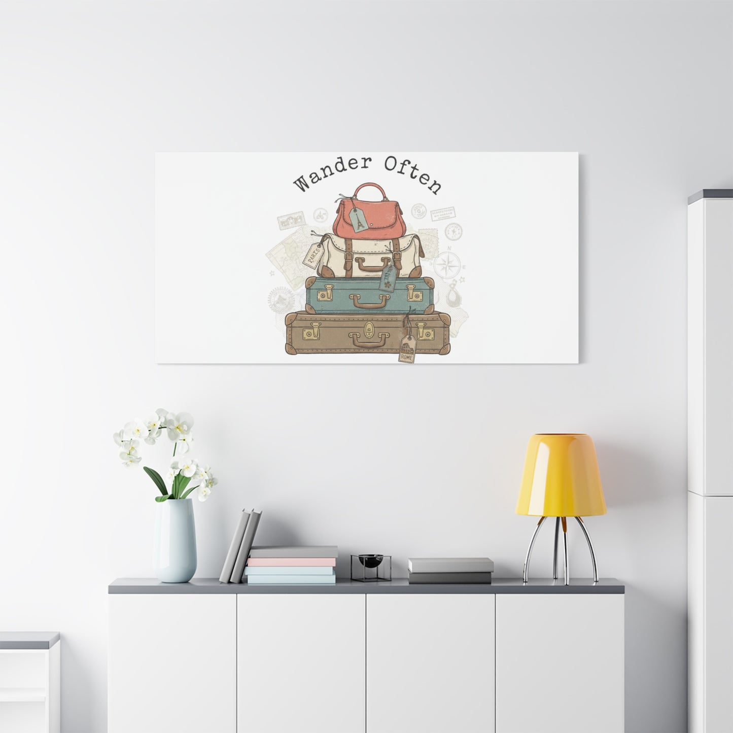 Wander Often Vintage Luggage Stack Canvas, travel stamps | passport stamp wanderlust