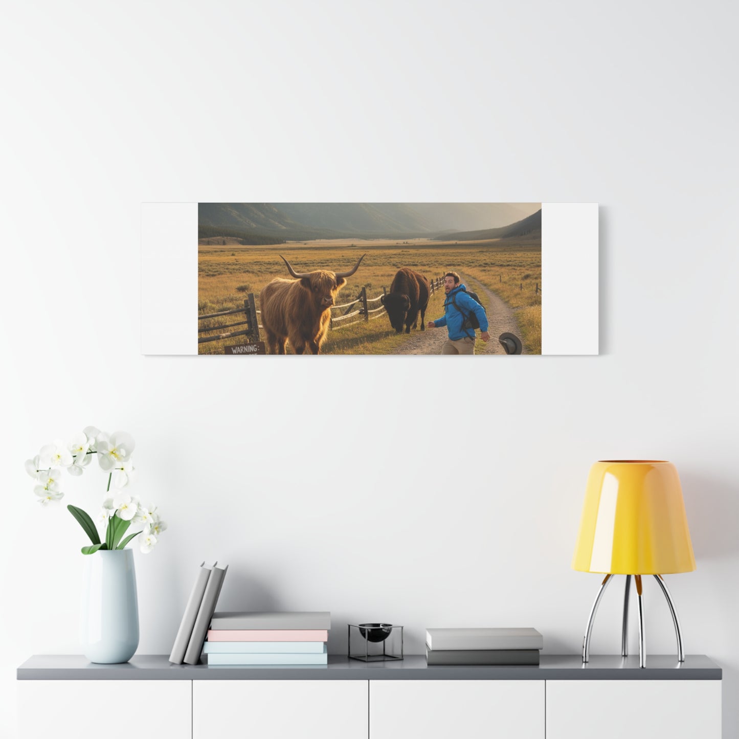 Chased by a Buffalo Canvas | wholesome sarcasm print, soft humor wall art