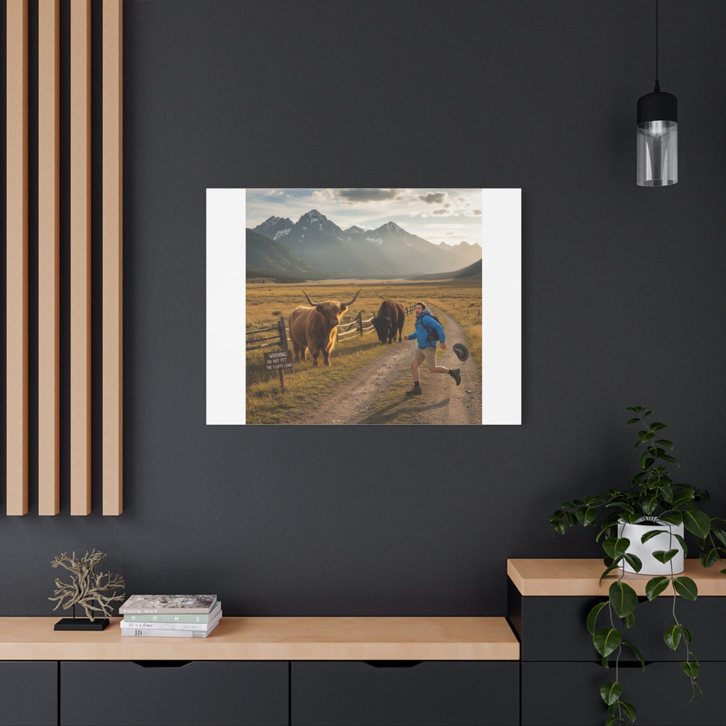 Chased by a Buffalo Canvas | wholesome sarcasm print, soft humor wall art