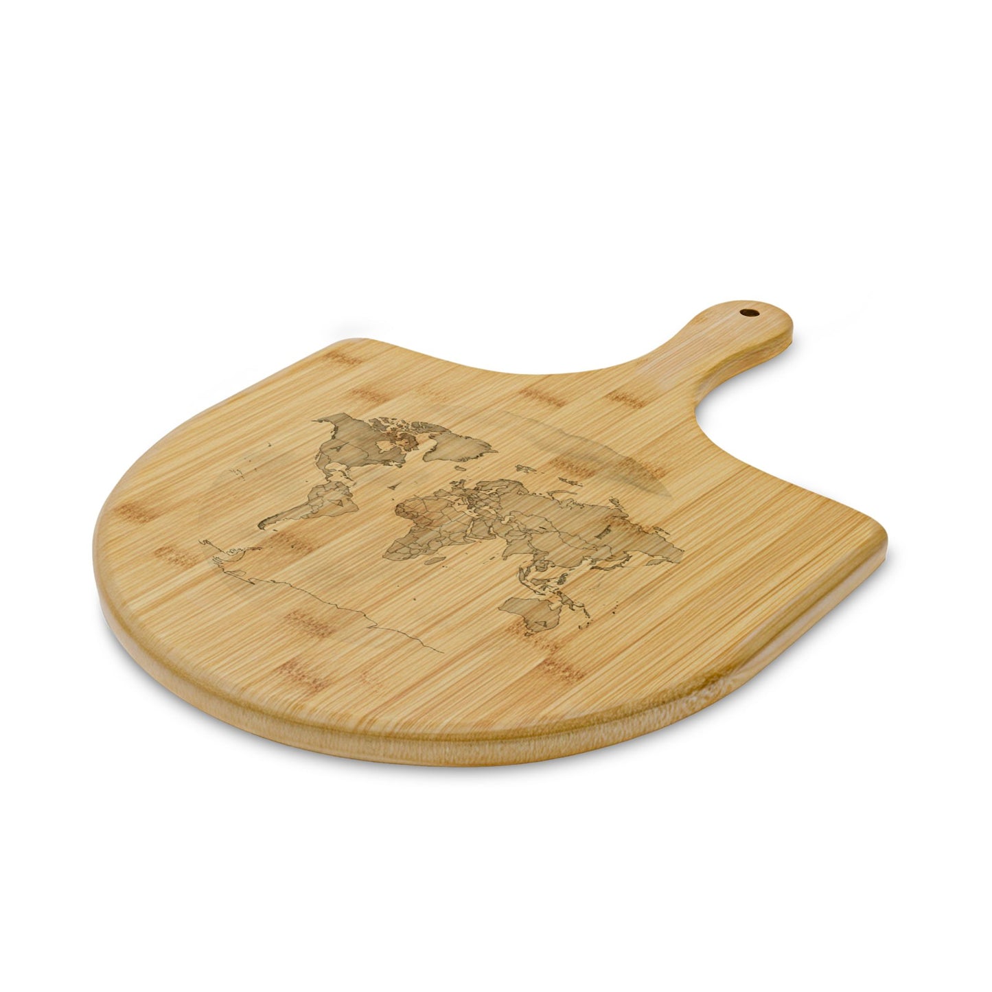 Engraved Bamboo Pizza Peel with World Map — Rustic Serving & Cutting Board