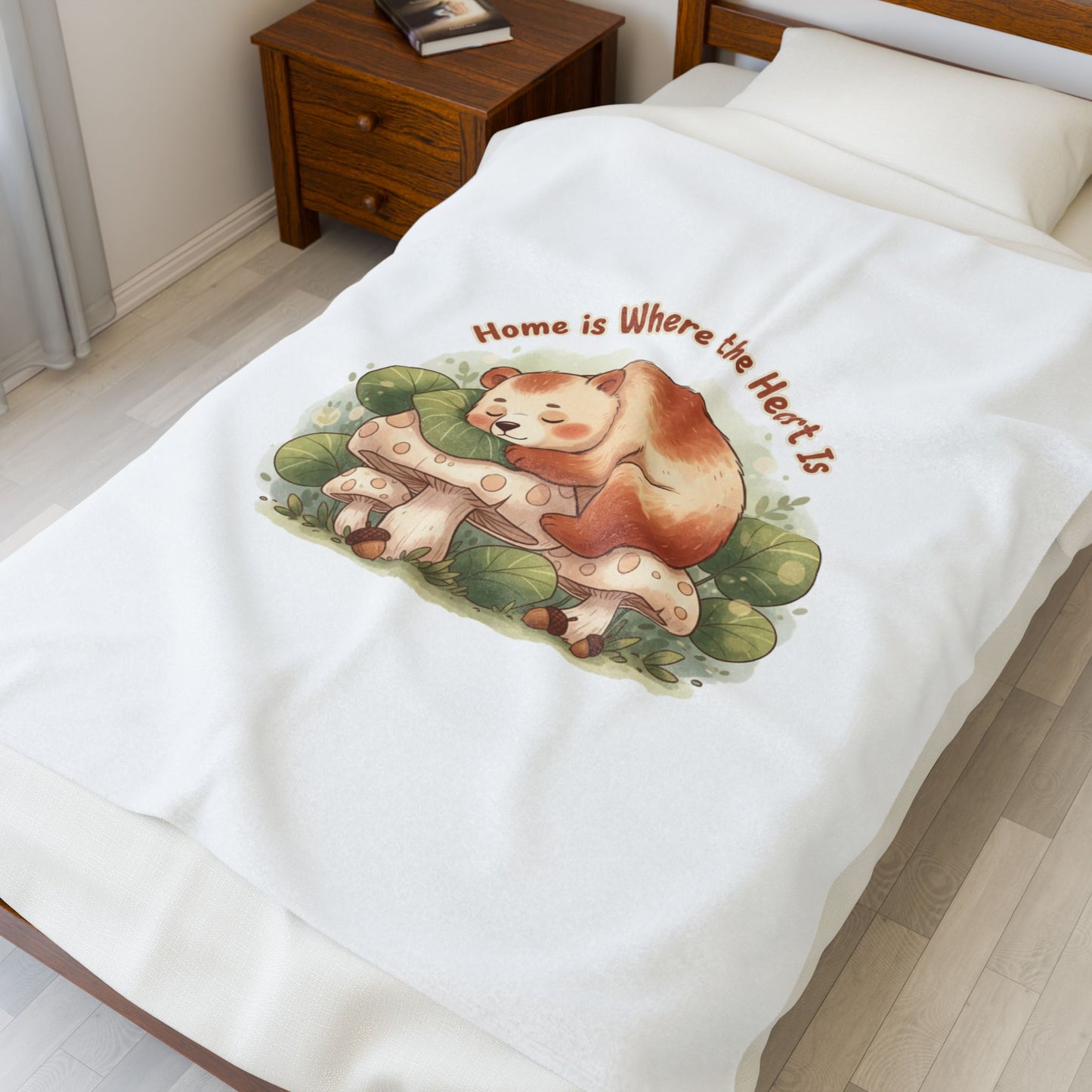 Cozy Sleeping Bear Illustration Velveteen Blanket | cute animal illustration, winter forest art