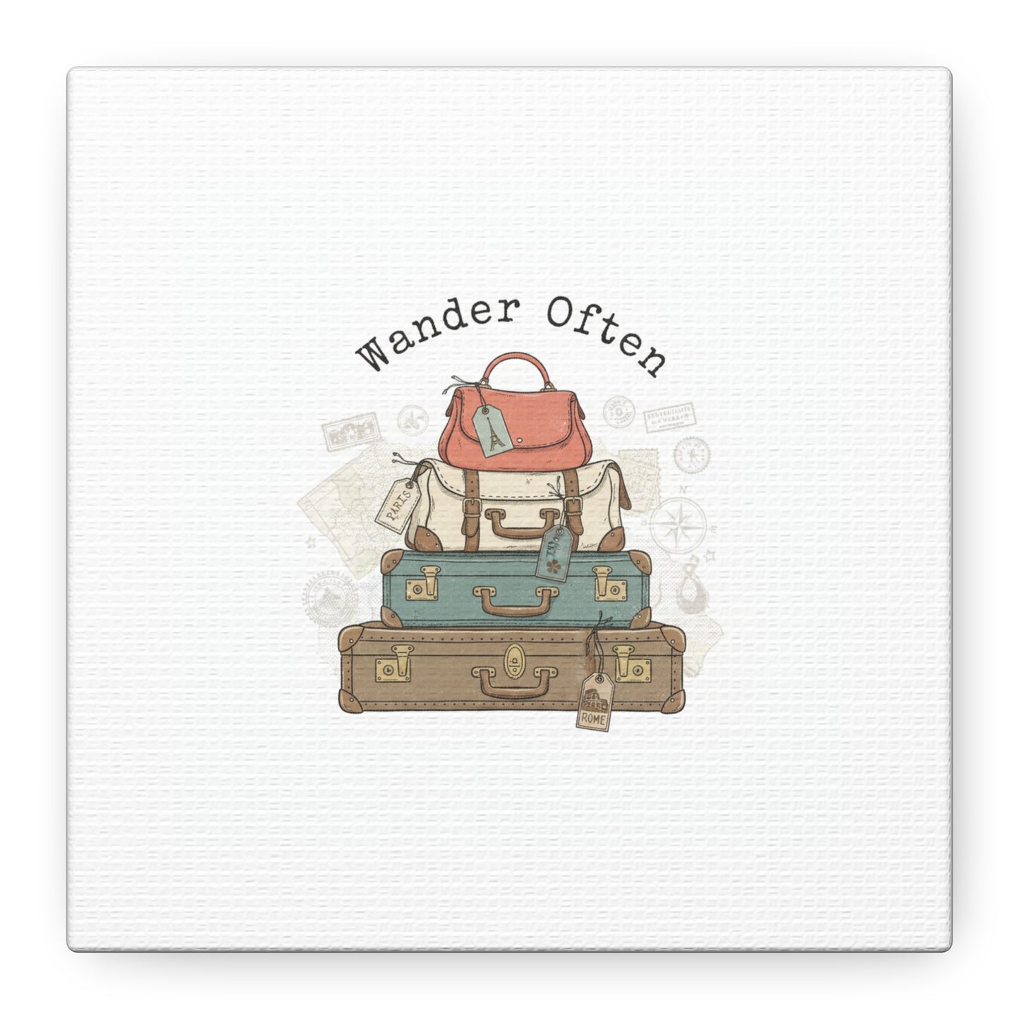 Wander Often Vintage Luggage Stack Canvas, travel stamps | passport stamp wanderlust