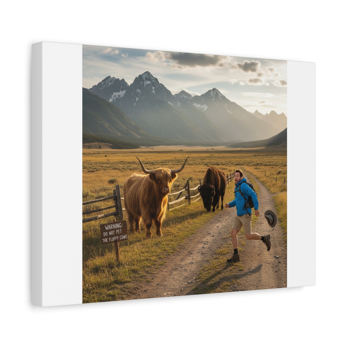 Chased by a Buffalo Canvas | wholesome sarcasm print, soft humor wall art