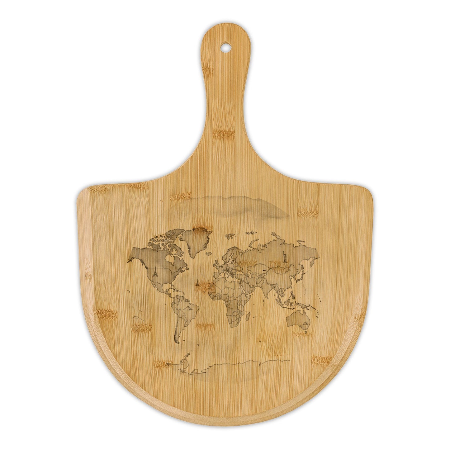 Engraved Bamboo Pizza Peel with World Map — Rustic Serving & Cutting Board