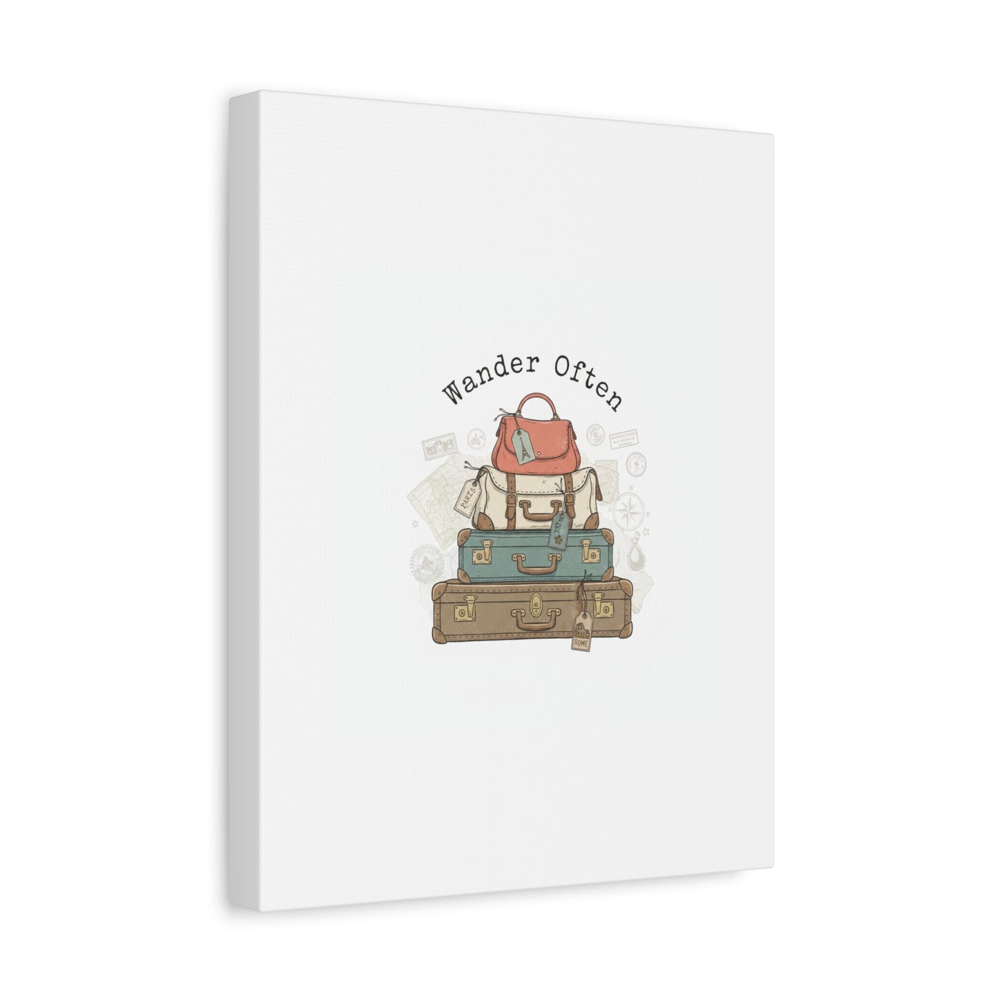 Wander Often Vintage Luggage Stack Canvas, travel stamps | passport stamp wanderlust