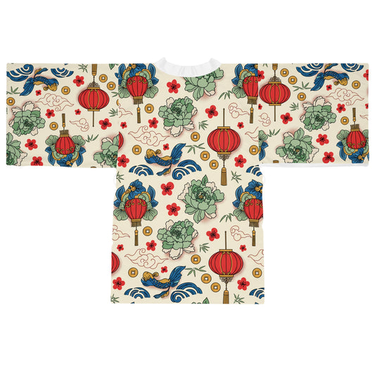 Kimono Robe - Red Lantern & Floral Asian Pattern