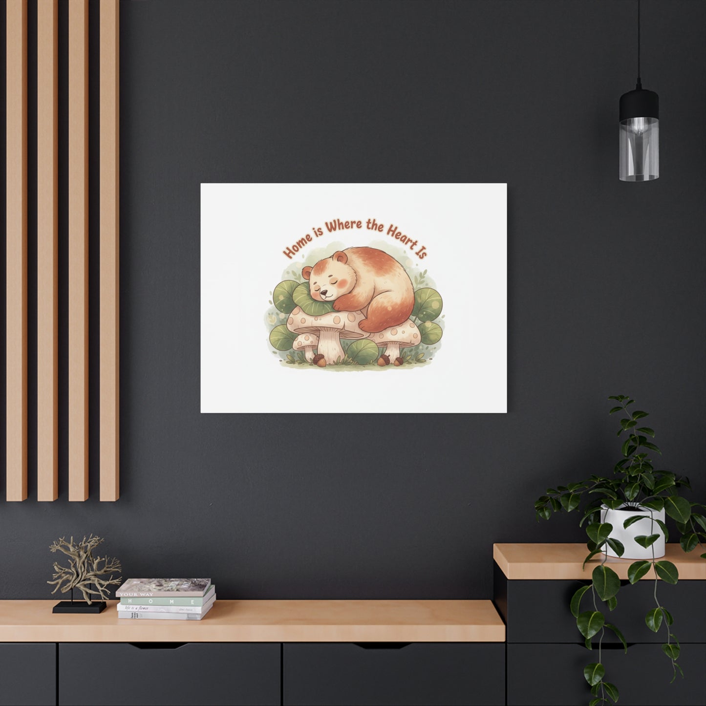 Cozy Sleeping Bear Canvas, winter forest art | cute animal illustration