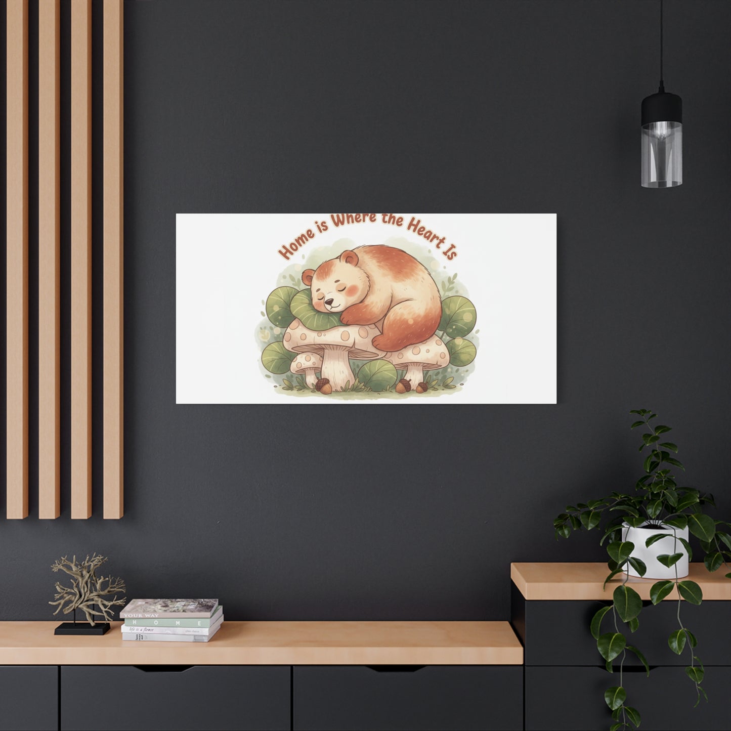 Cozy Sleeping Bear Canvas, winter forest art | cute animal illustration