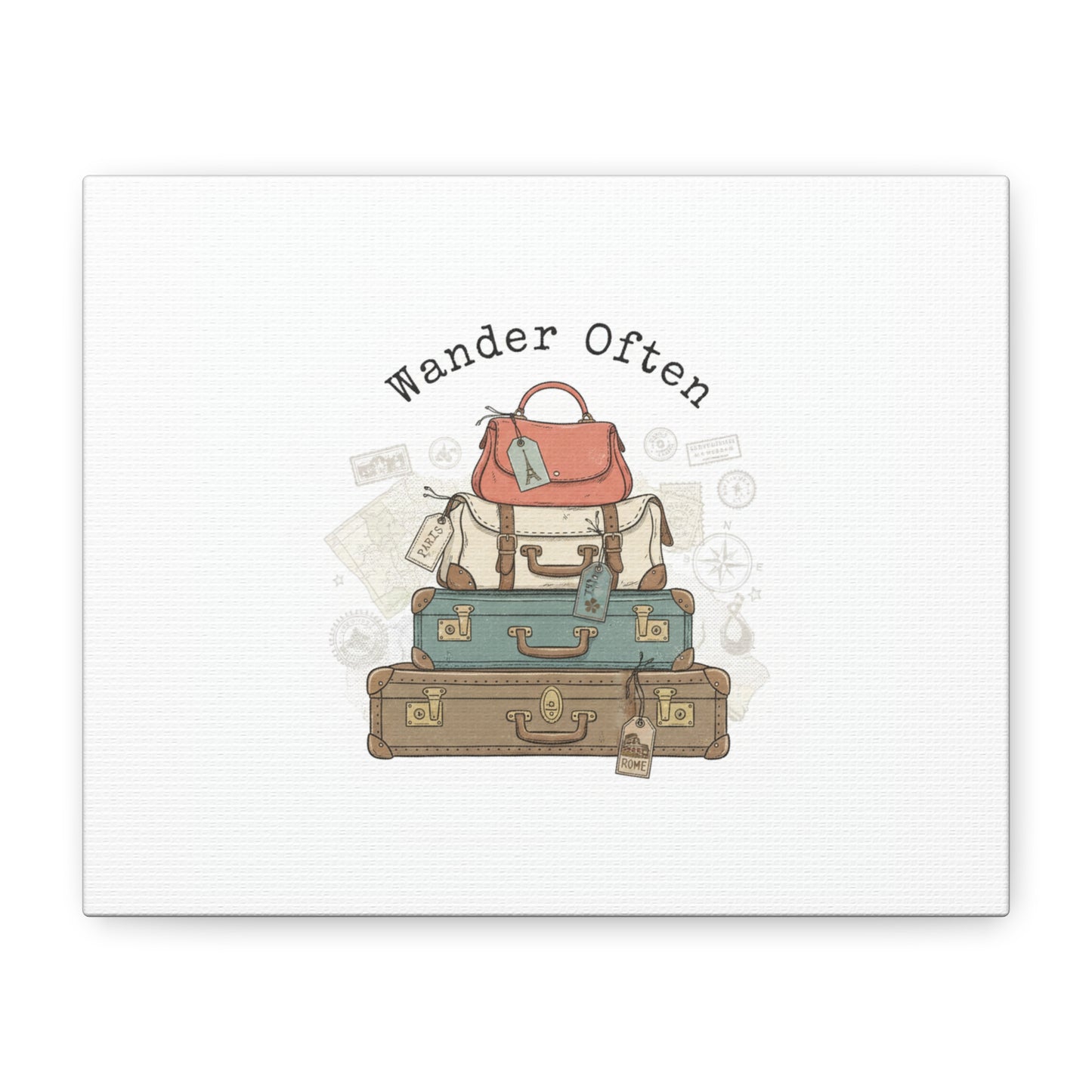 Wander Often Vintage Luggage Stack Canvas, travel stamps | passport stamp wanderlust