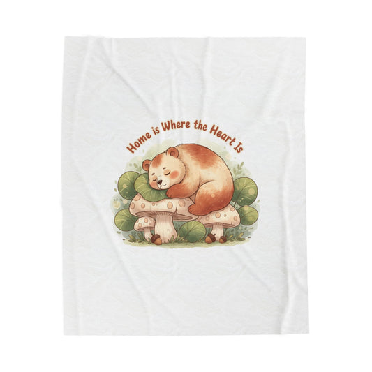 Cozy Sleeping Bear Illustration Velveteen Blanket | cute animal illustration, winter forest art