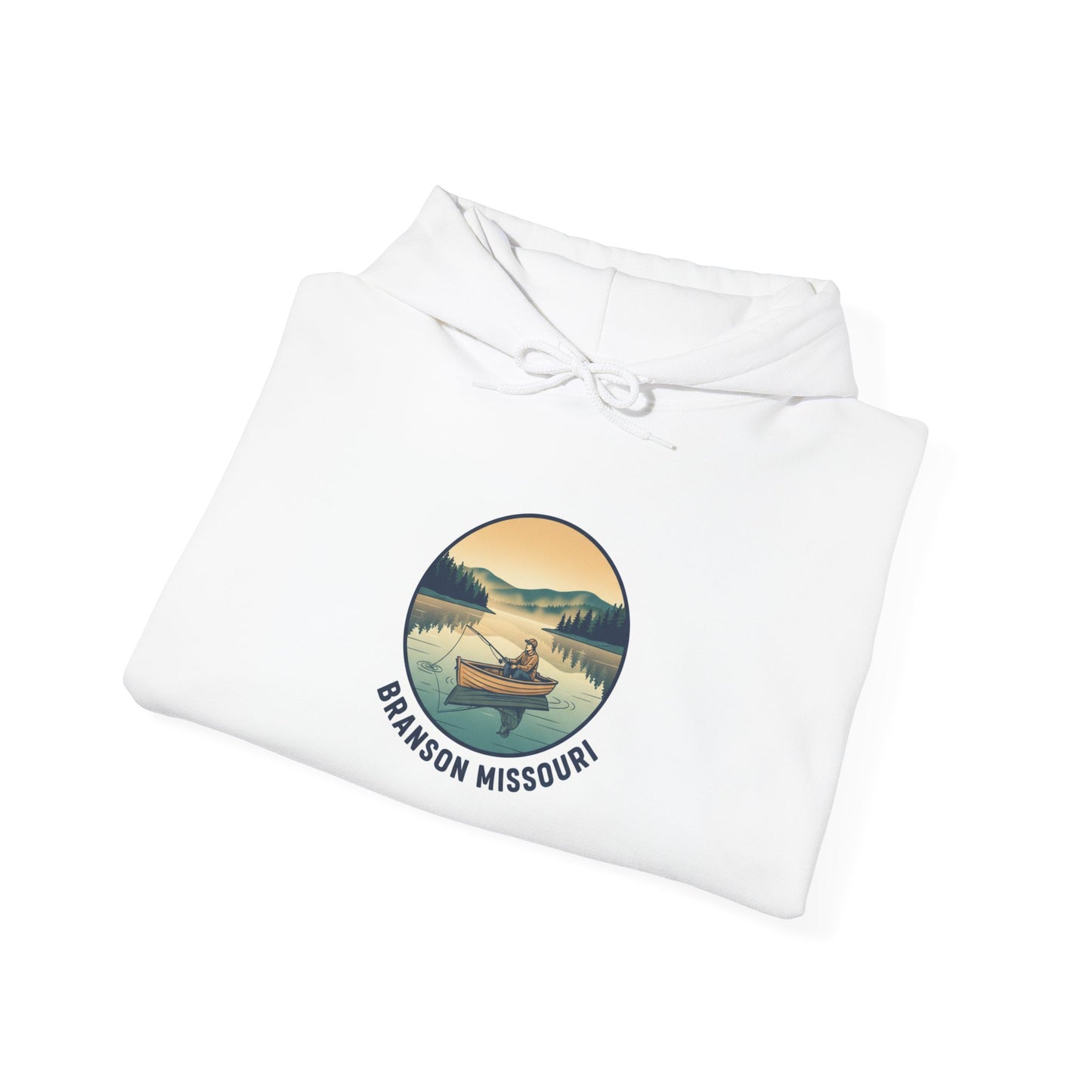 Branson Missouri Lake Sunset Hoodie — Vintage Fishing Cabin Graphic