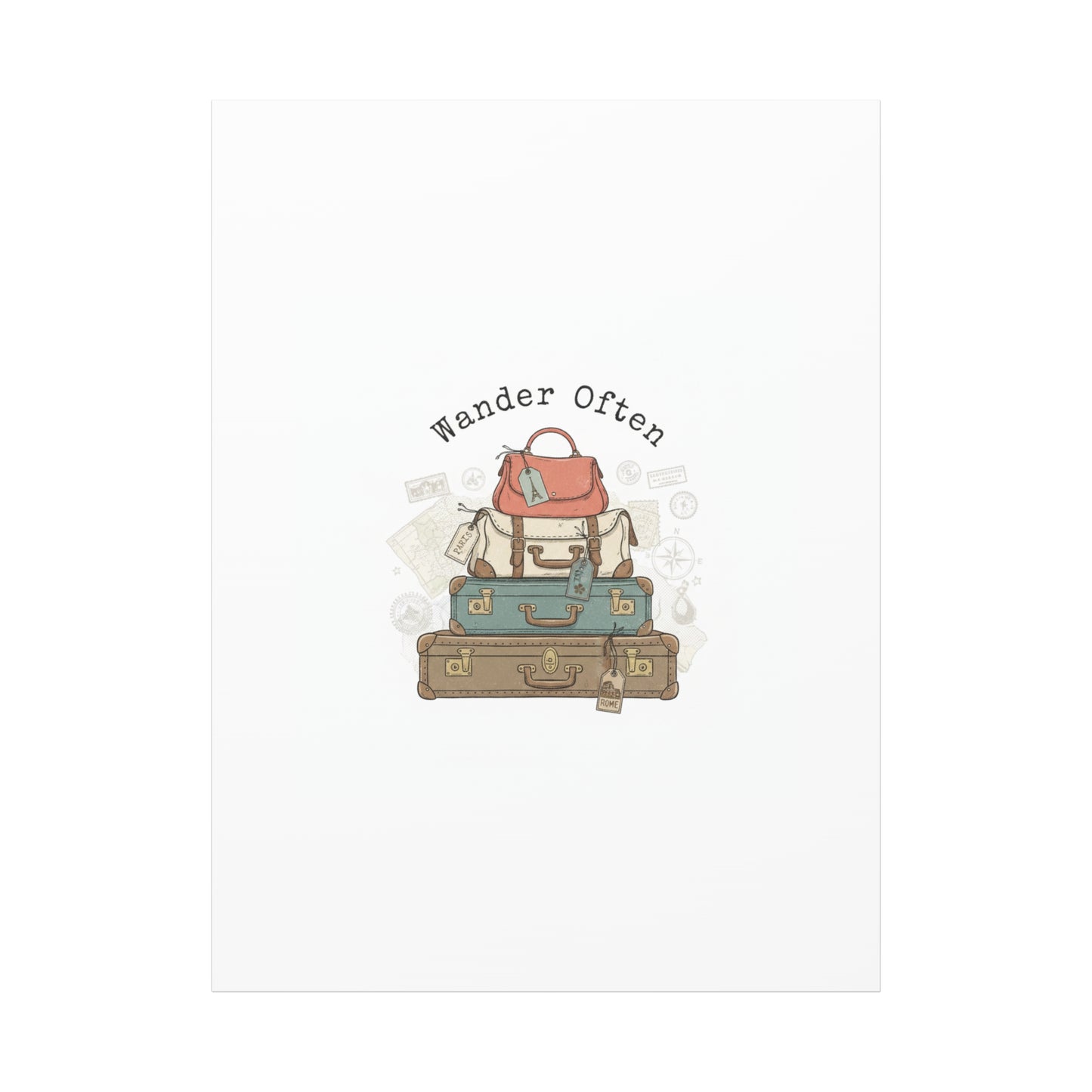Wander Often Vintage Luggage Stack Canvas, travel stamps | passport stamp wanderlust