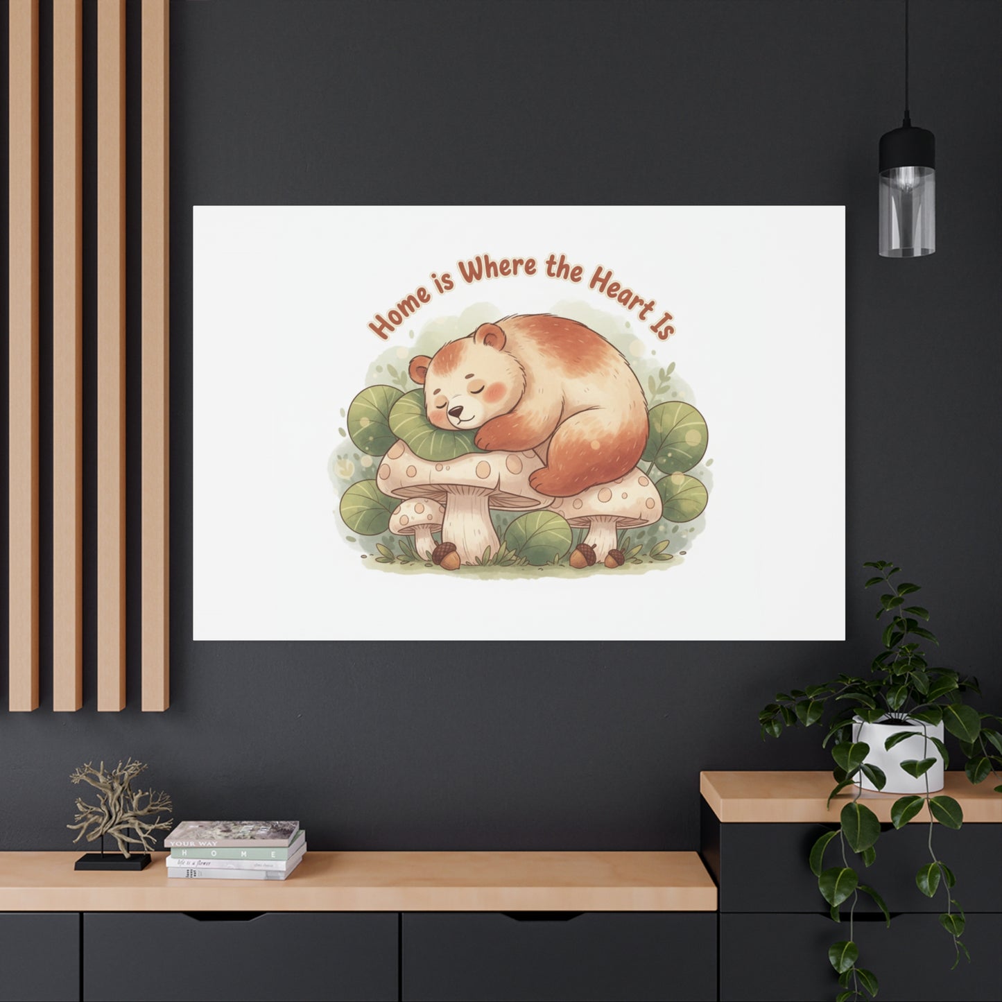 Cozy Sleeping Bear Canvas, winter forest art | cute animal illustration