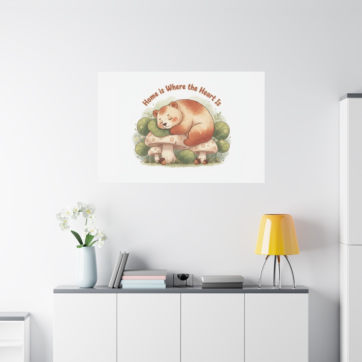 Cozy Sleeping Bear Canvas, winter forest art | cute animal illustration