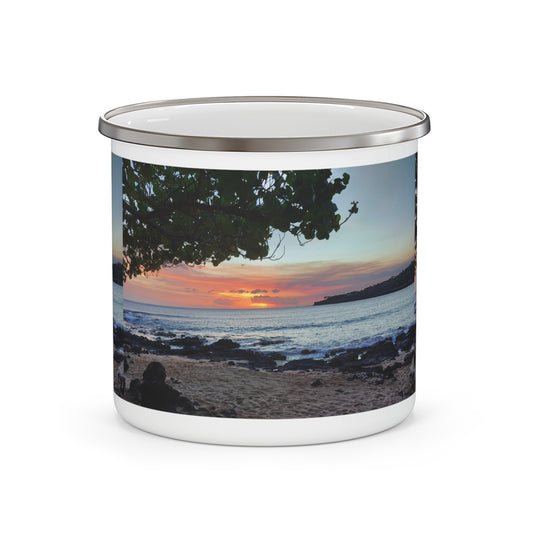 Enamel Camping Mug — Beach Sunset Photo Campfire Coffee Cup