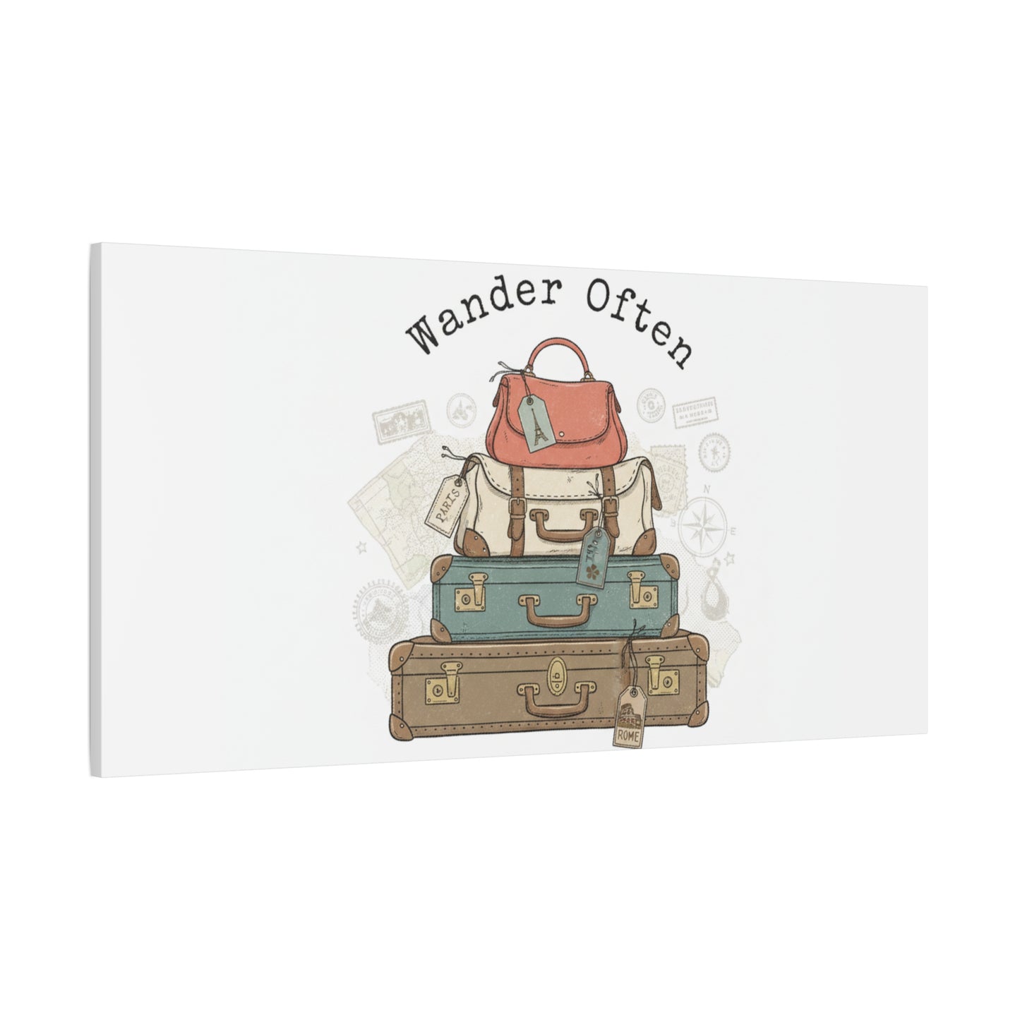 Wander Often Vintage Luggage Stack Canvas, travel stamps | passport stamp wanderlust