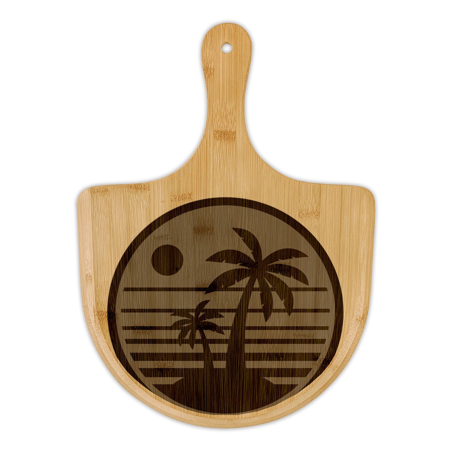 Bamboo Pizza Peel with Engraved Tropical Palm Sunset Design