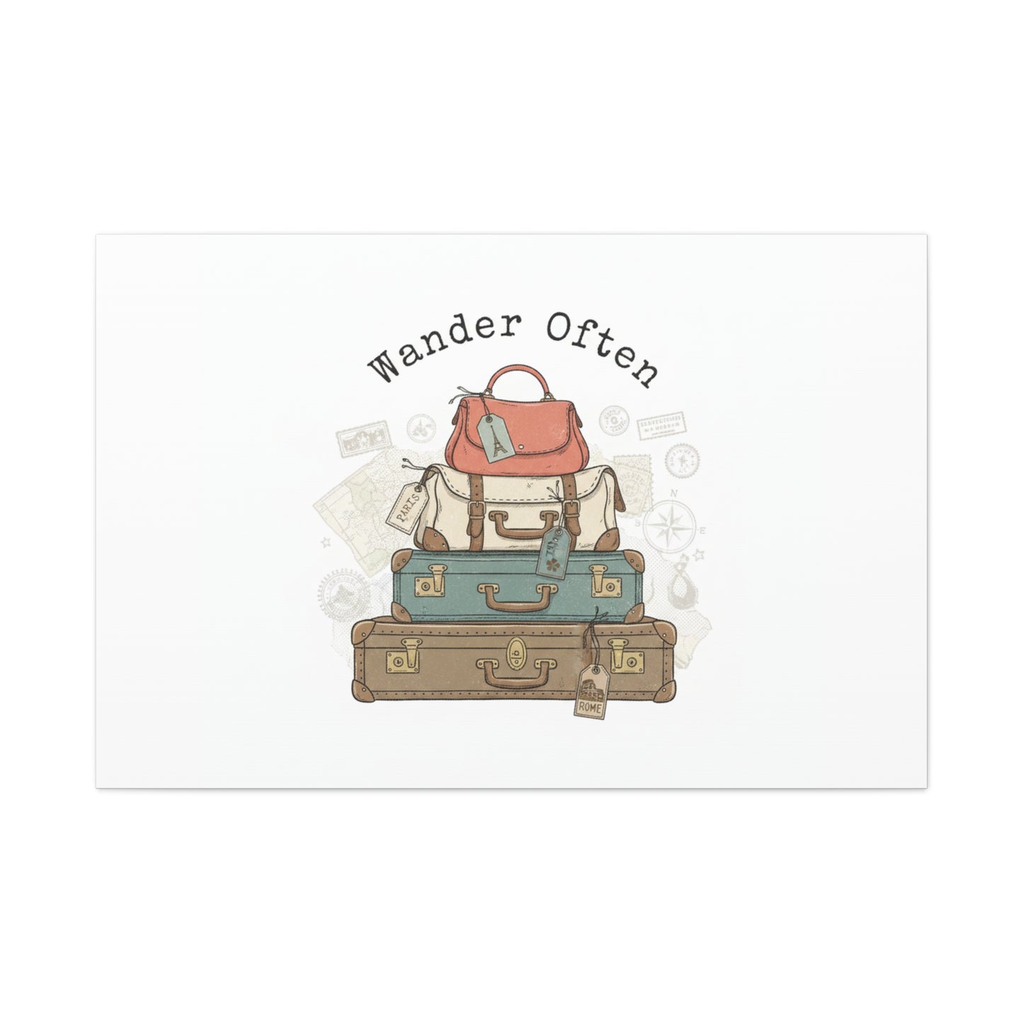 Wander Often Vintage Luggage Stack Canvas, travel stamps | passport stamp wanderlust