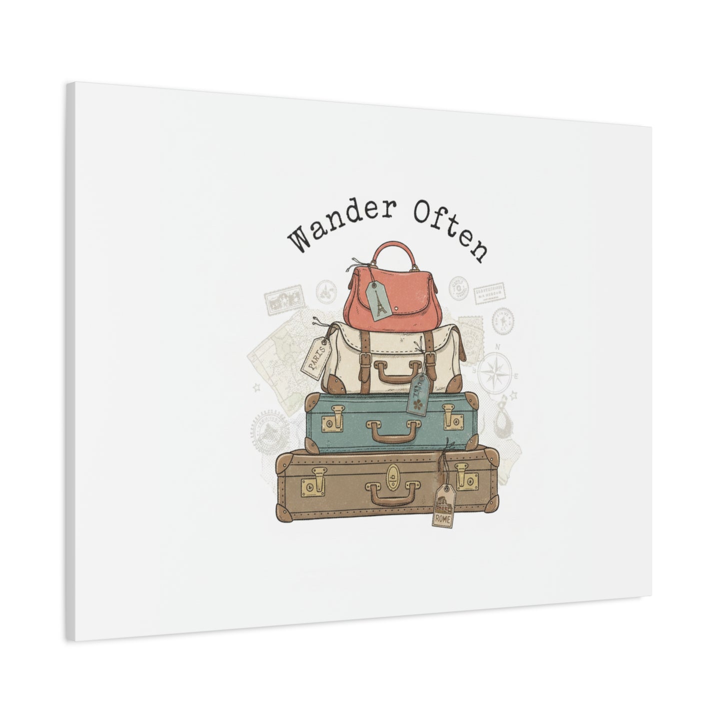 Wander Often Vintage Luggage Stack Canvas, travel stamps | passport stamp wanderlust