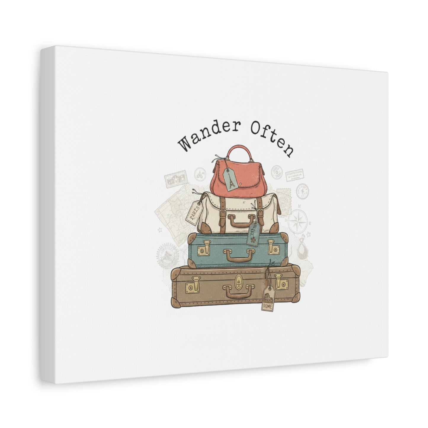 Wander Often Vintage Luggage Stack Canvas, travel stamps | passport stamp wanderlust