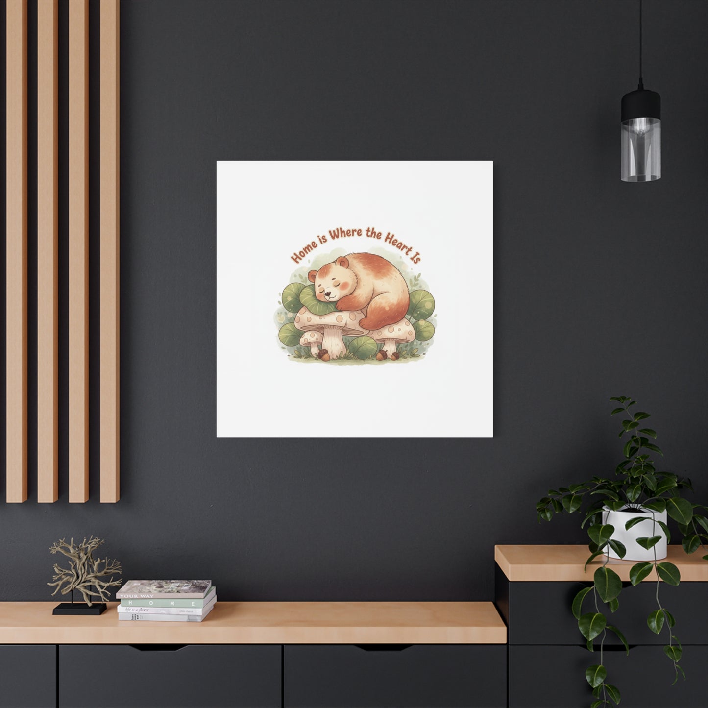Cozy Sleeping Bear Canvas, winter forest art | cute animal illustration