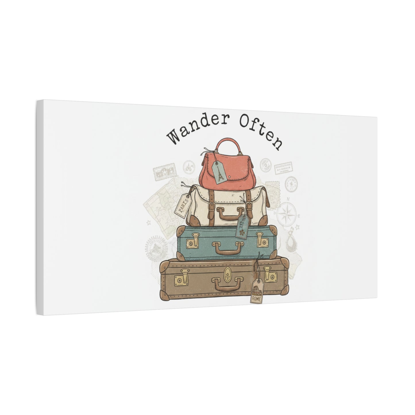 Wander Often Vintage Luggage Stack Canvas, travel stamps | passport stamp wanderlust