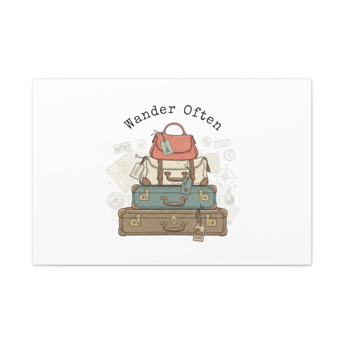 Wander Often Vintage Luggage Stack Canvas, travel stamps | passport stamp wanderlust