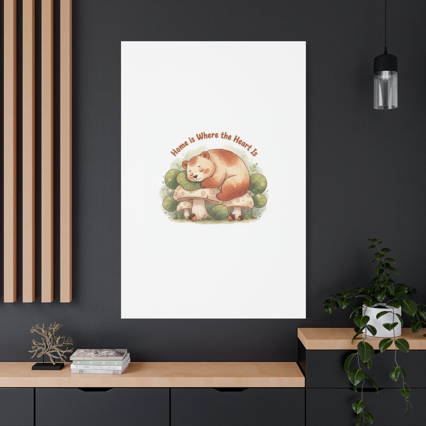 Cozy Sleeping Bear Canvas, winter forest art | cute animal illustration