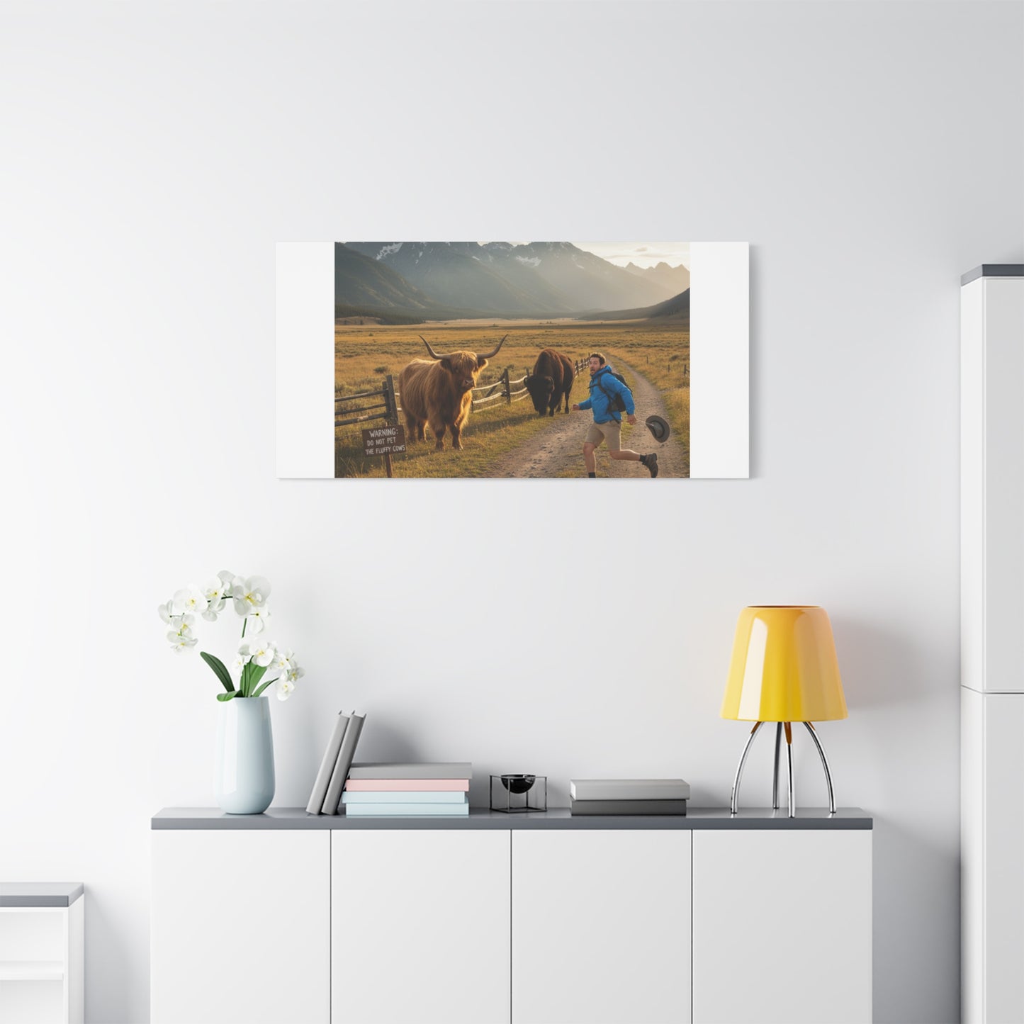 Chased by a Buffalo Canvas | wholesome sarcasm print, soft humor wall art