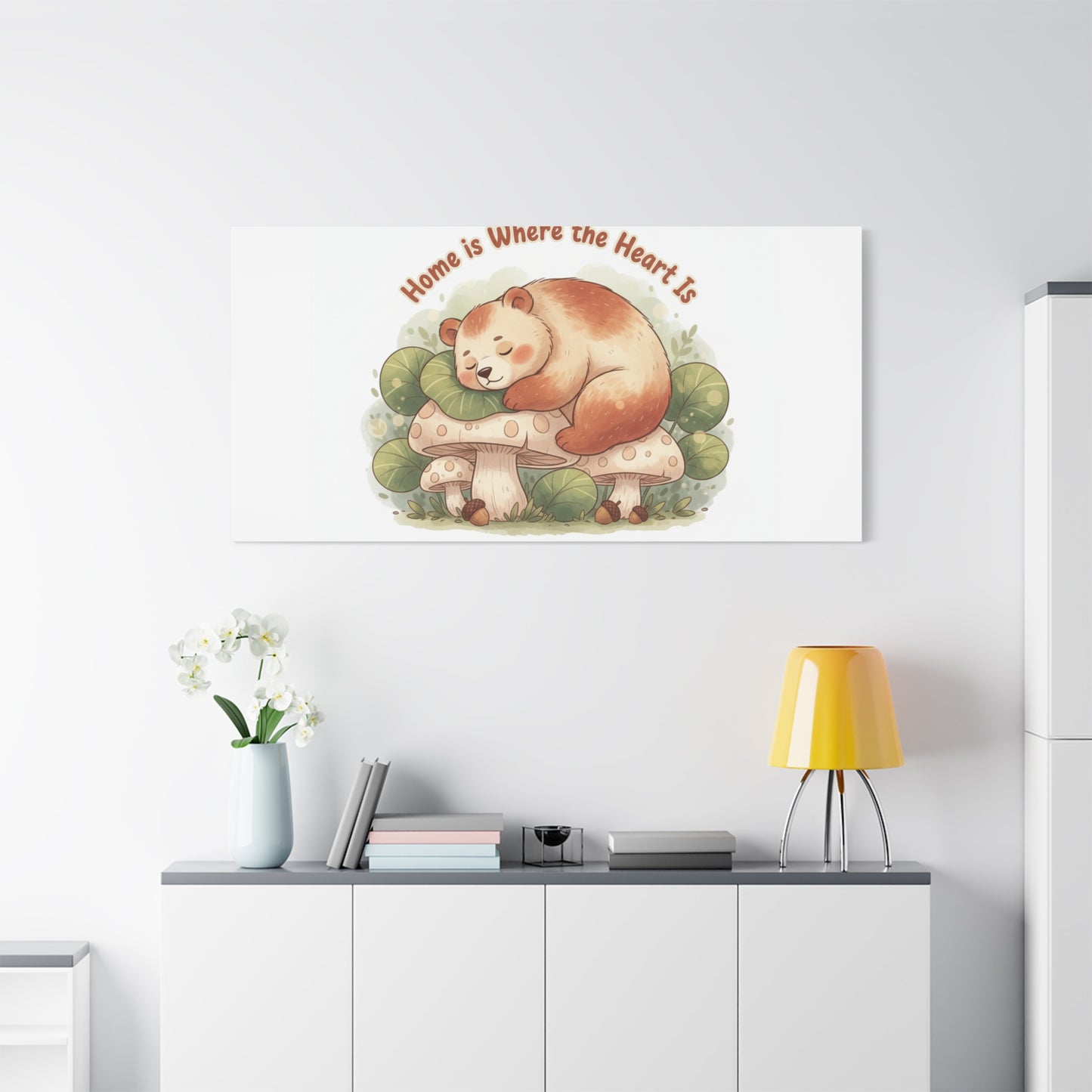 Cozy Sleeping Bear Canvas, winter forest art | cute animal illustration