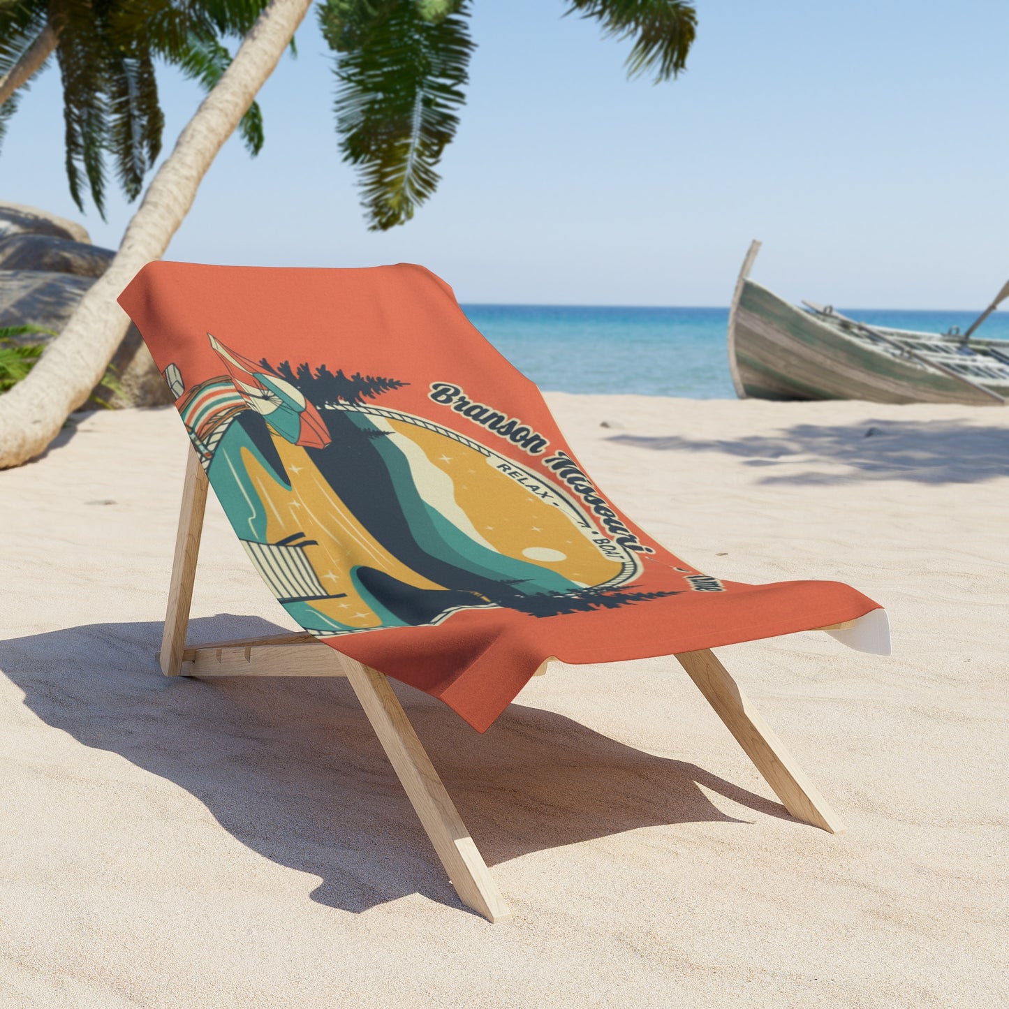 Branson Missouri Lake Time Beach Towel – Retro Lake Scene Relax Fish Boat