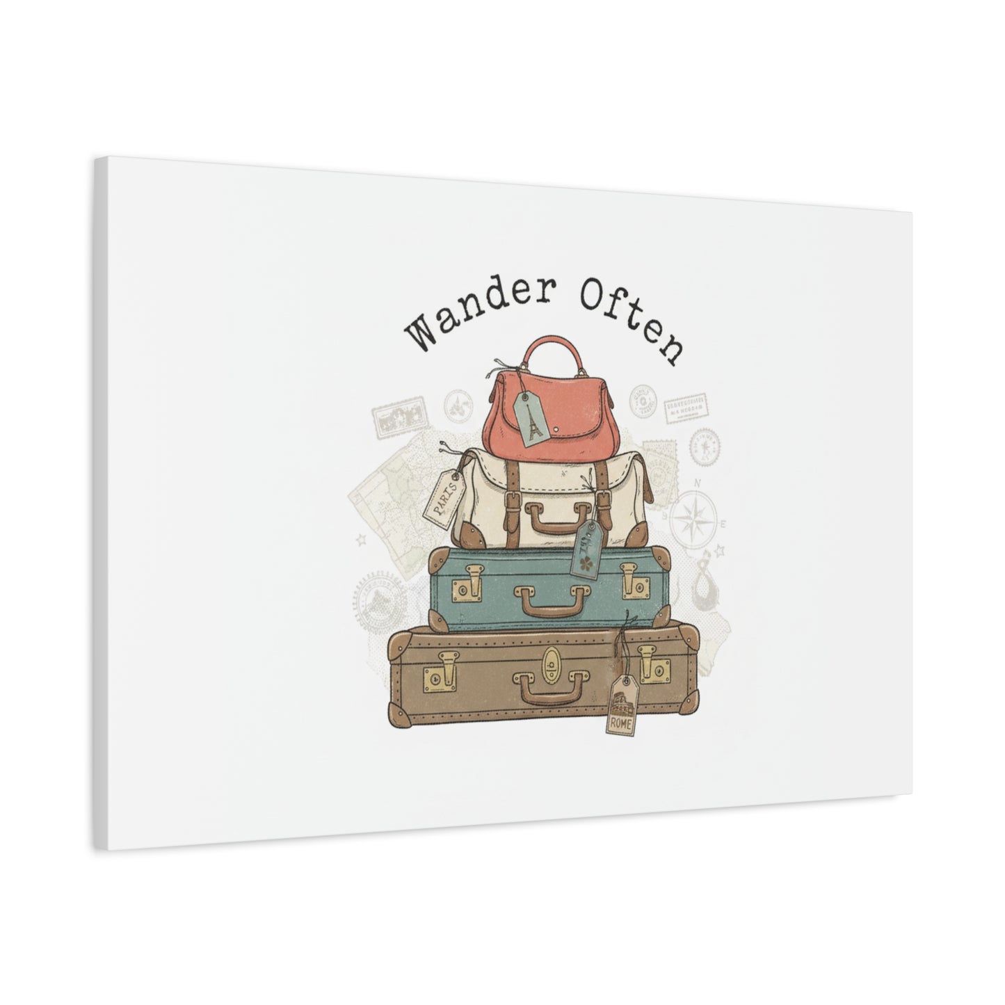 Wander Often Vintage Luggage Stack Canvas, travel stamps | passport stamp wanderlust