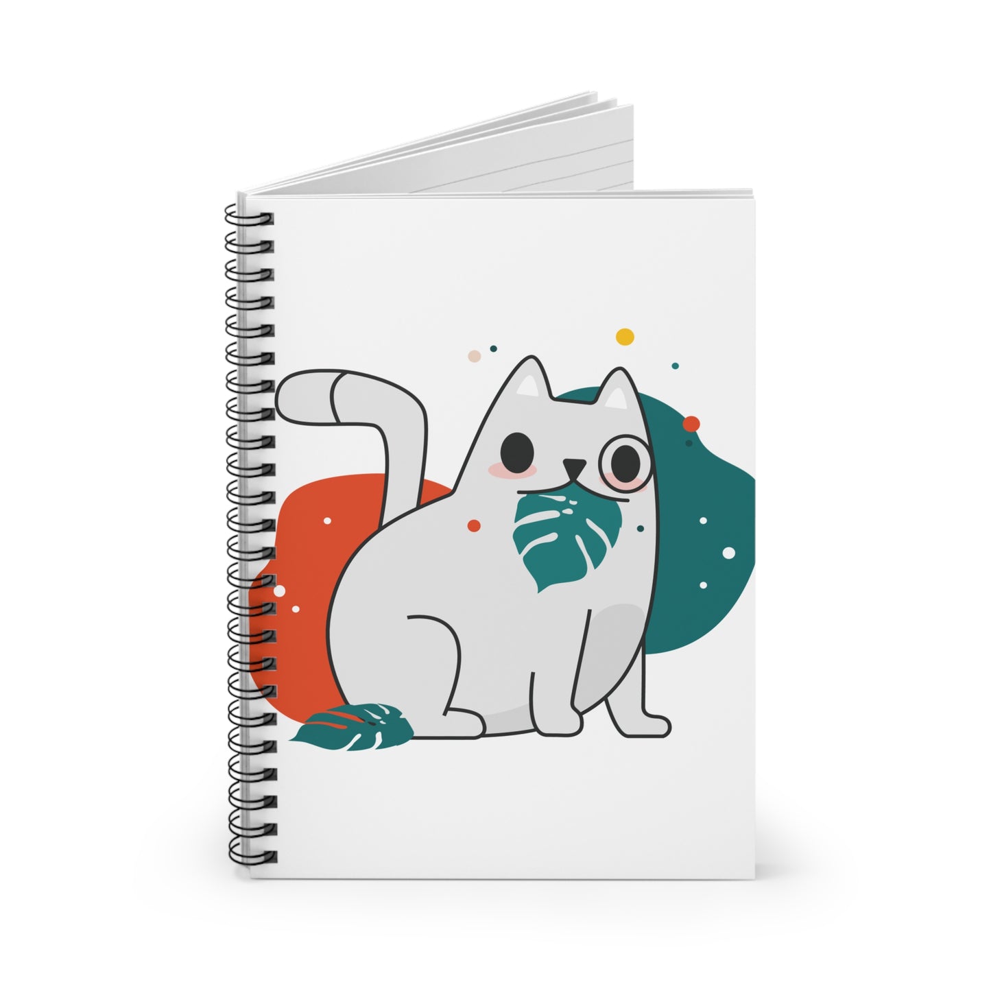 Cat with Monstera Leaf Spiral Notebook — Cute Illustrated Cat Journal (Ruled)
