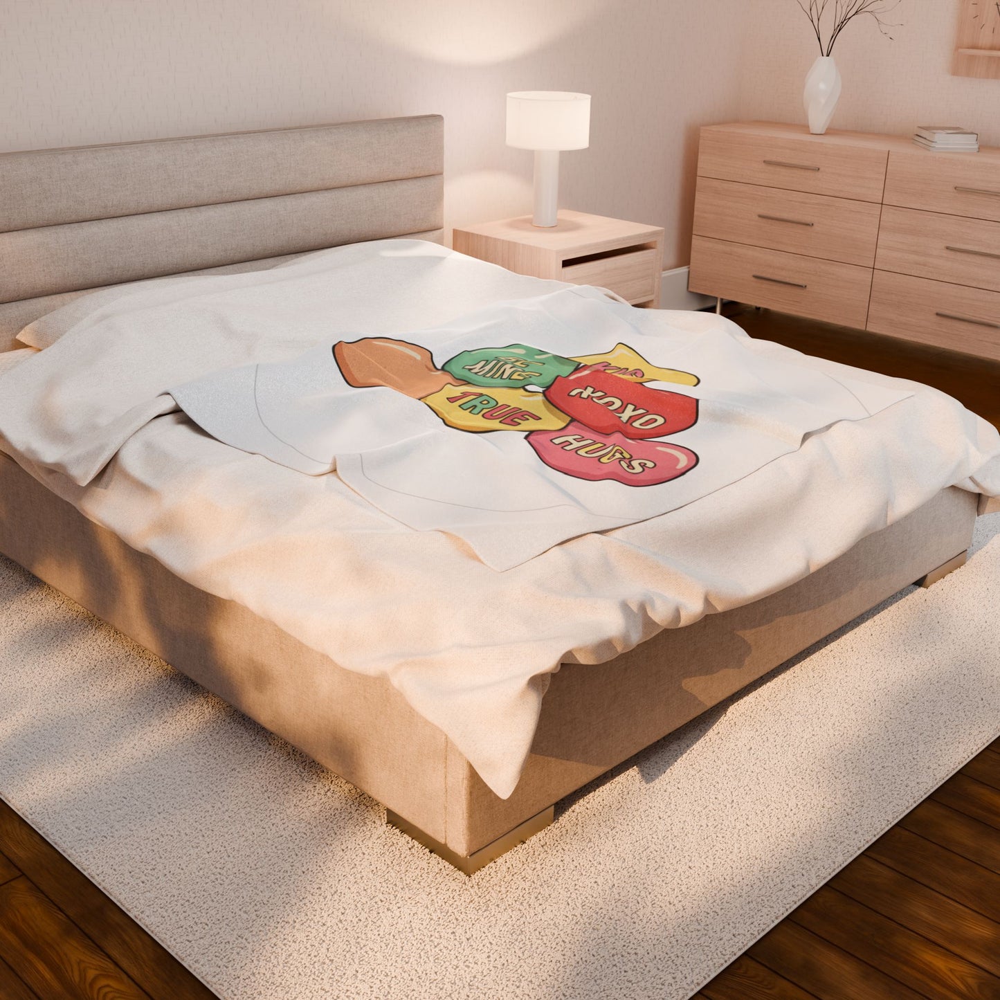 Valentine Conversation Heart Plush Blanket — 'Kiss, Be Mine, XOXO, True, Hugs' Cozy Throw